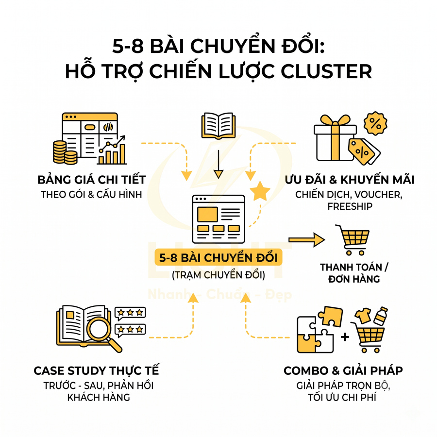 Mô hình 5-8 bài viết chuyển đổi hỗ trợ chiến lược cluster với bảng giá, ưu đãi, case study và combo giải pháp