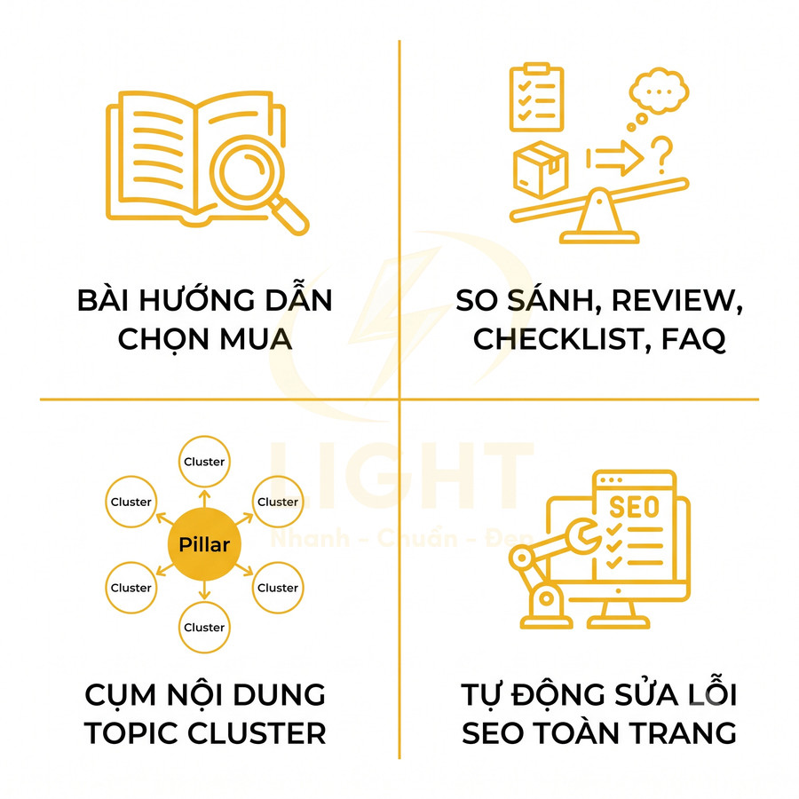 Minh họa các dạng nội dung SEO: hướng dẫn chọn mua, so sánh review, topic cluster và tự động sửa lỗi SEO