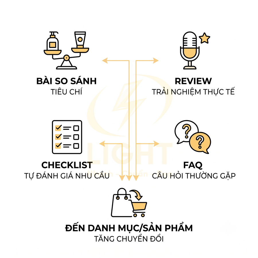 Sơ đồ nội dung marketing sản phẩm gồm bài so sánh, review, checklist, FAQ dẫn đến danh mục sản phẩm