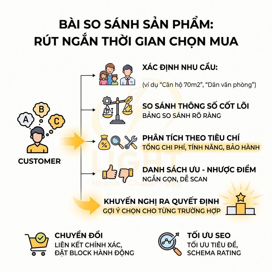 Infographic quy trình so sánh sản phẩm giúp khách hàng rút ngắn thời gian chọn mua và tối ưu chuyển đổi, SEO