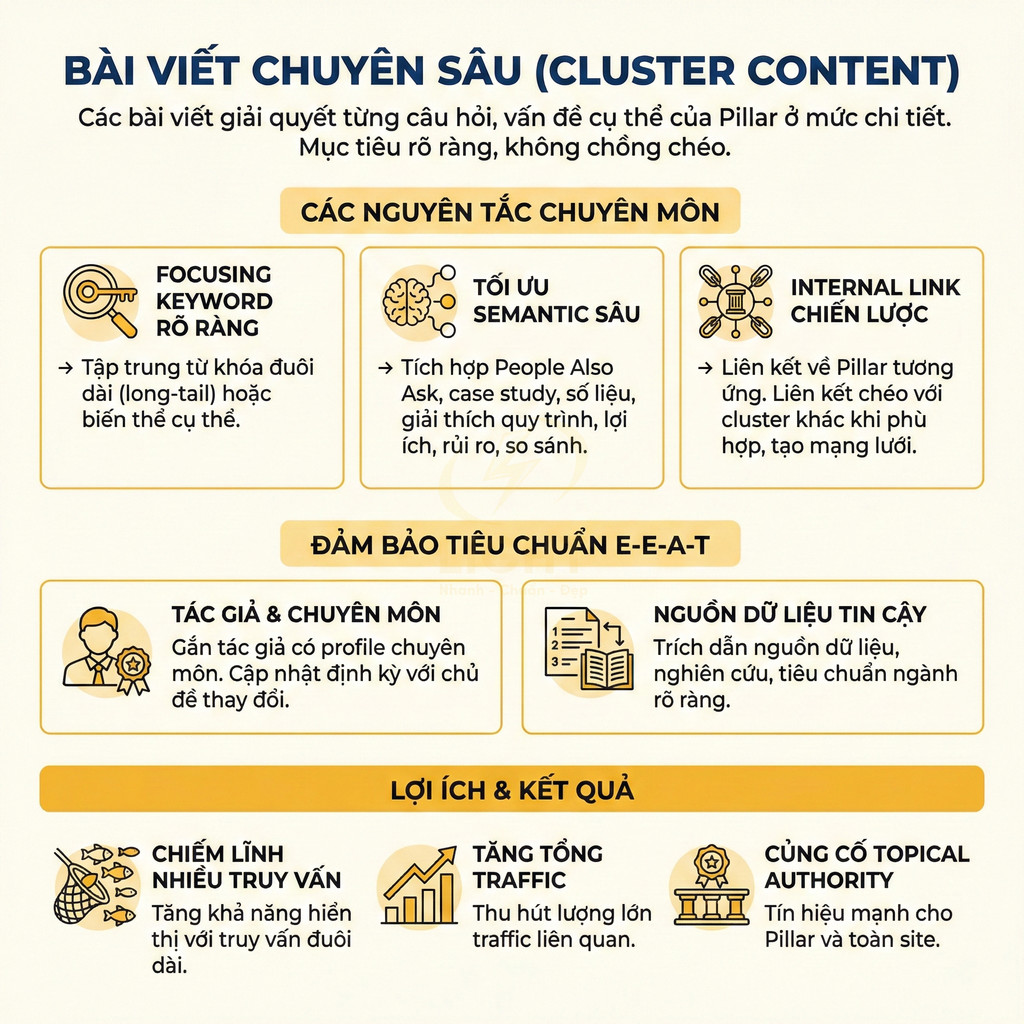 Infographic hướng dẫn viết bài chuyên sâu cluster content chuẩn SEO với nguyên tắc, E-E-A-T và lợi ích traffic