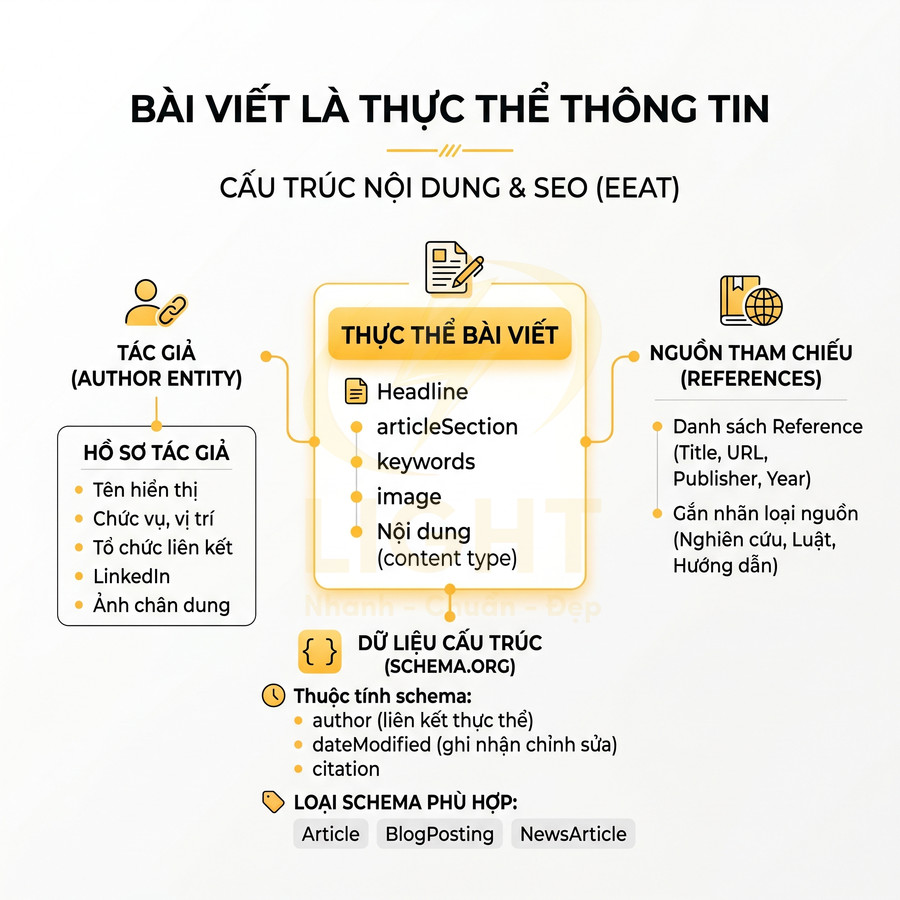 Infographic cấu trúc nội dung bài viết chuẩn SEO EEAT với tác giả, thực thể bài viết, nguồn tham chiếu và dữ liệu schema.org
