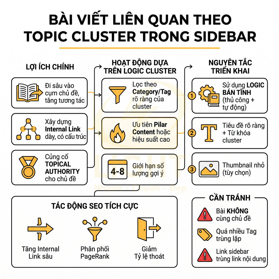 Infographic hướng dẫn triển khai bài viết liên quan theo topic cluster trong sidebar để tối ưu SEO