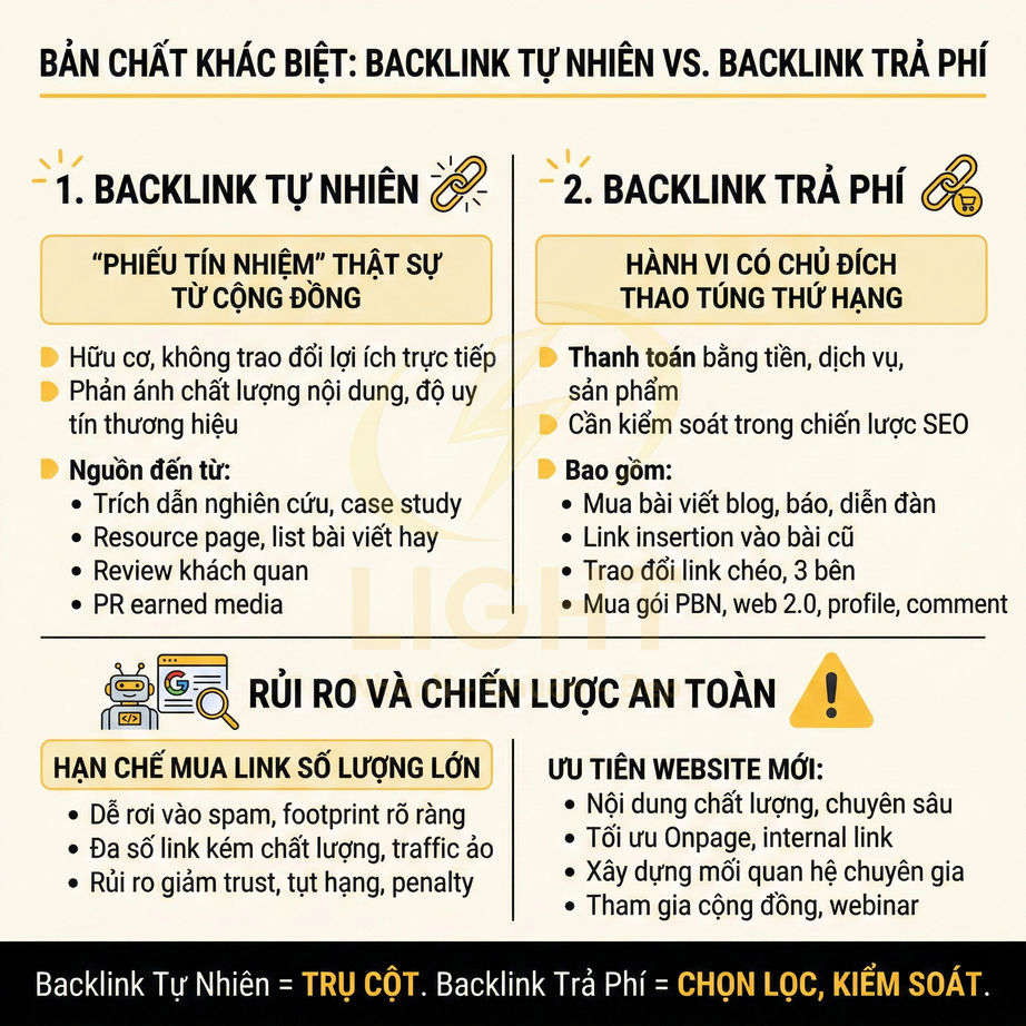 So sánh backlink tự nhiên và backlink trả phí, rủi ro mua link số lượng lớn và chiến lược SEO an toàn