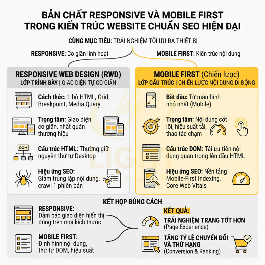 Infographic so sánh Responsive Web Design và chiến lược Mobile First trong kiến trúc website chuẩn SEO