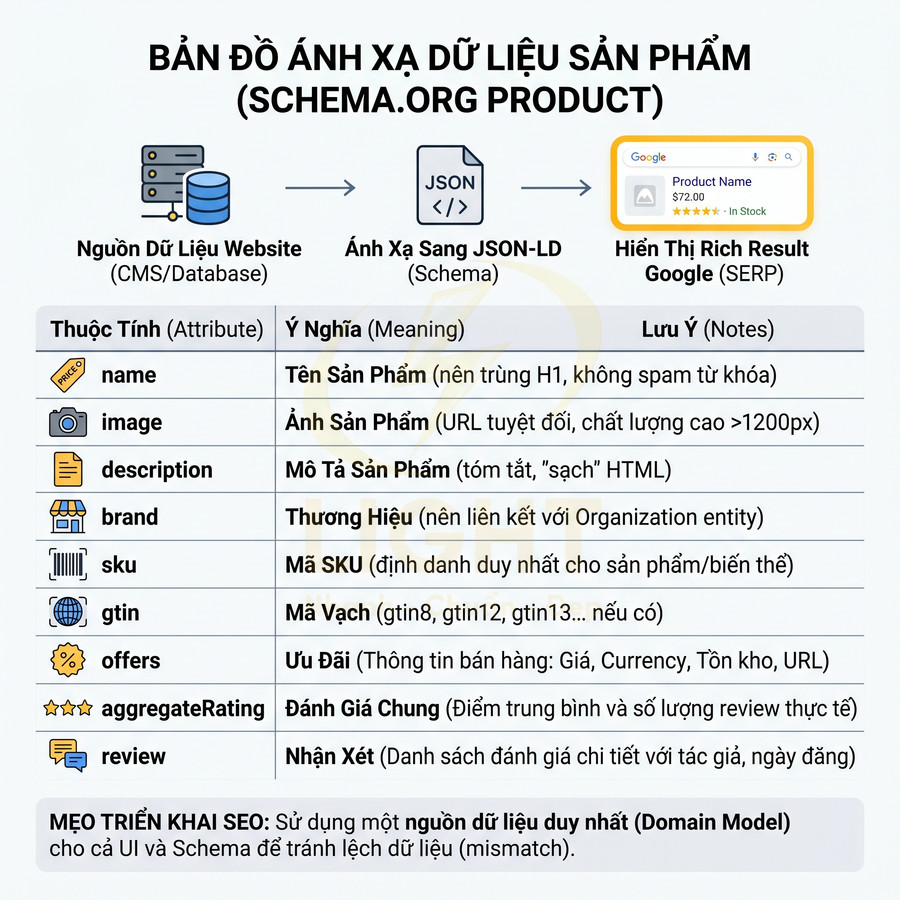 Bản đồ ánh xạ dữ liệu sản phẩm schema.org Product với các thuộc tính name image description brand sku gtin offers rating review