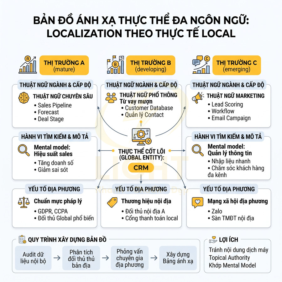 Sơ đồ bản đồ ánh xạ thực thể đa ngôn ngữ cho CRM theo từng thị trường và yếu tố địa phương