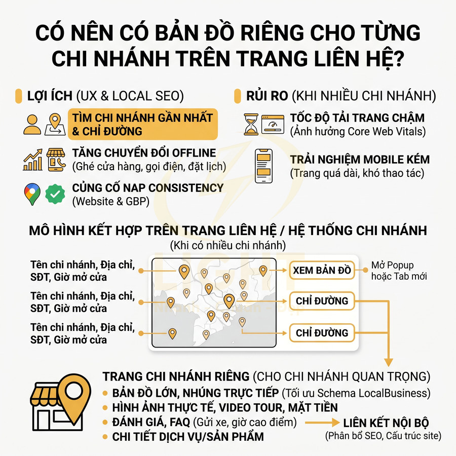 Infographic lợi ích và rủi ro khi dùng bản đồ riêng cho từng chi nhánh trên trang liên hệ, tối ưu UX và local SEO