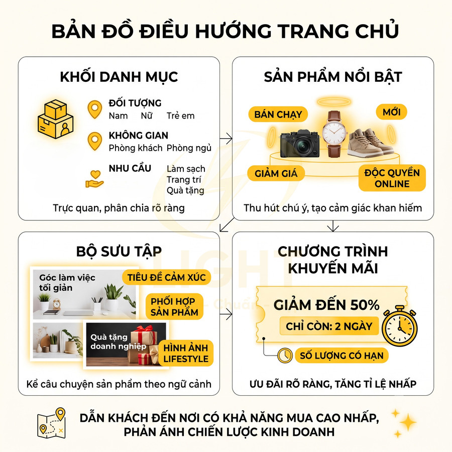 Bản đồ điều hướng trang chủ giới thiệu khối danh mục, sản phẩm nổi bật, bộ sưu tập và chương trình khuyến mãi