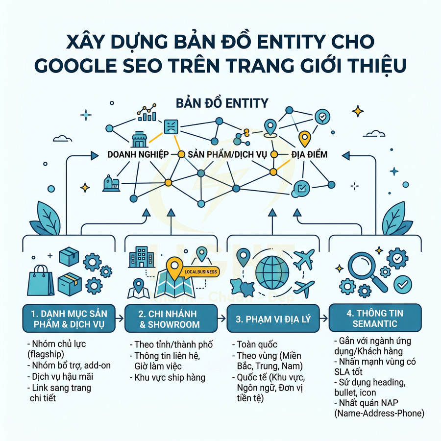 Sơ đồ xây dựng bản đồ entity cho Google SEO với doanh nghiệp, sản phẩm dịch vụ và địa điểm trên trang giới thiệu