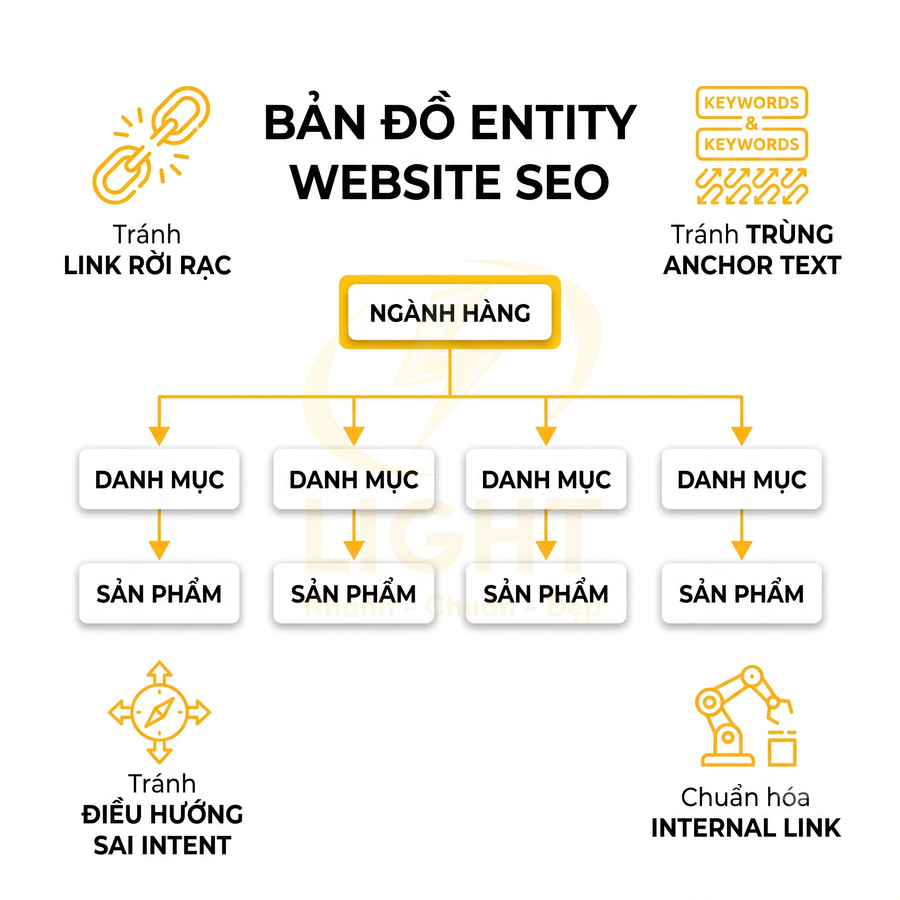 Sơ đồ entity website SEO với cấu trúc ngành hàng danh mục sản phẩm và lưu ý tối ưu internal link