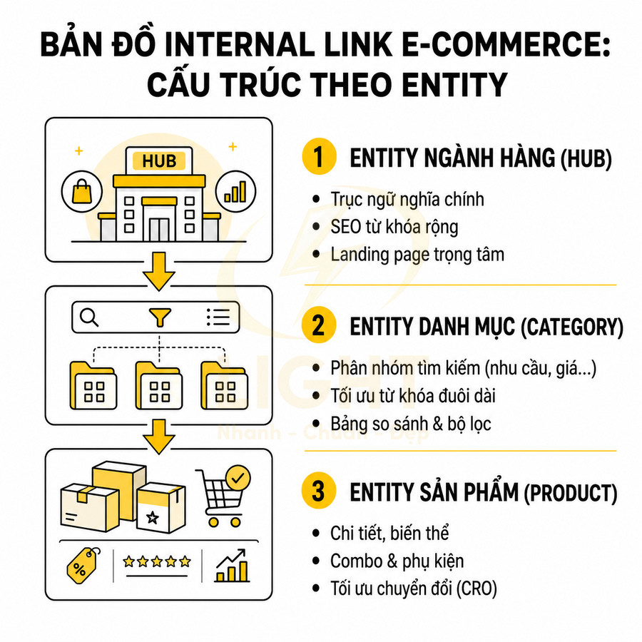 Sơ đồ cấu trúc internal link e-commerce theo entity gồm hub ngành hàng, danh mục và trang chi tiết sản phẩm