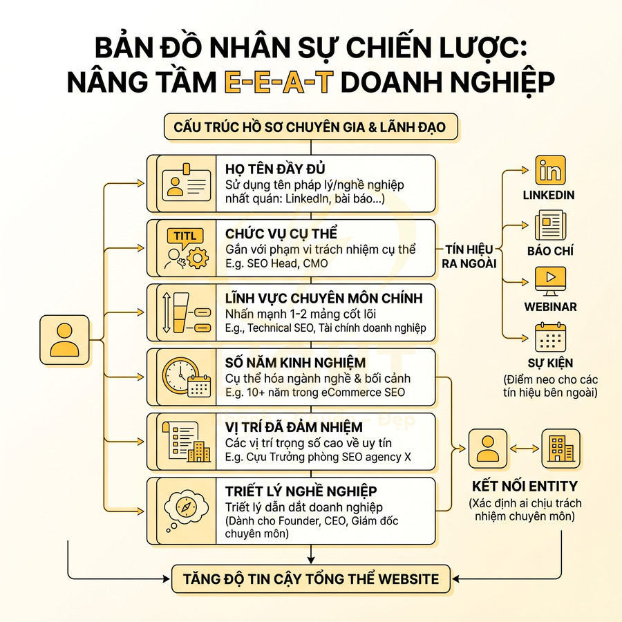Bản đồ nhân sự chiến lược nâng tầm E-E-A-T doanh nghiệp với cấu trúc hồ sơ chuyên gia và lãnh đạo chi tiết