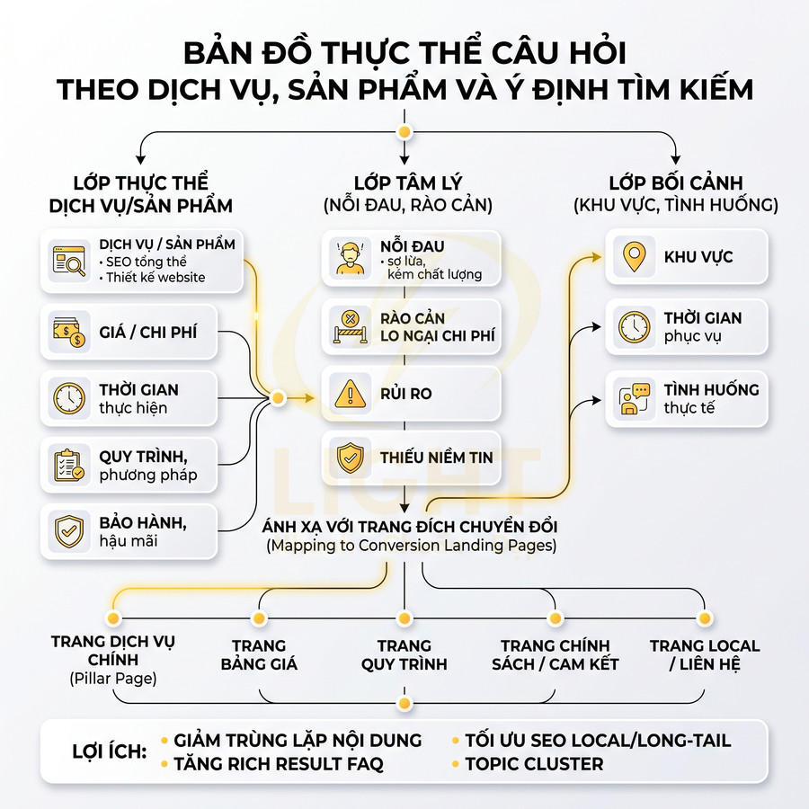 Sơ đồ bản đồ thực thể câu hỏi theo dịch vụ sản phẩm và ý định tìm kiếm trong chiến lược SEO