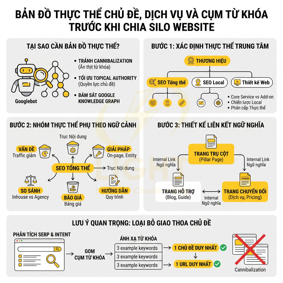 Sơ đồ bản đồ thực thể chủ đề dịch vụ và cụm từ khóa trước khi chia silo website cho SEO