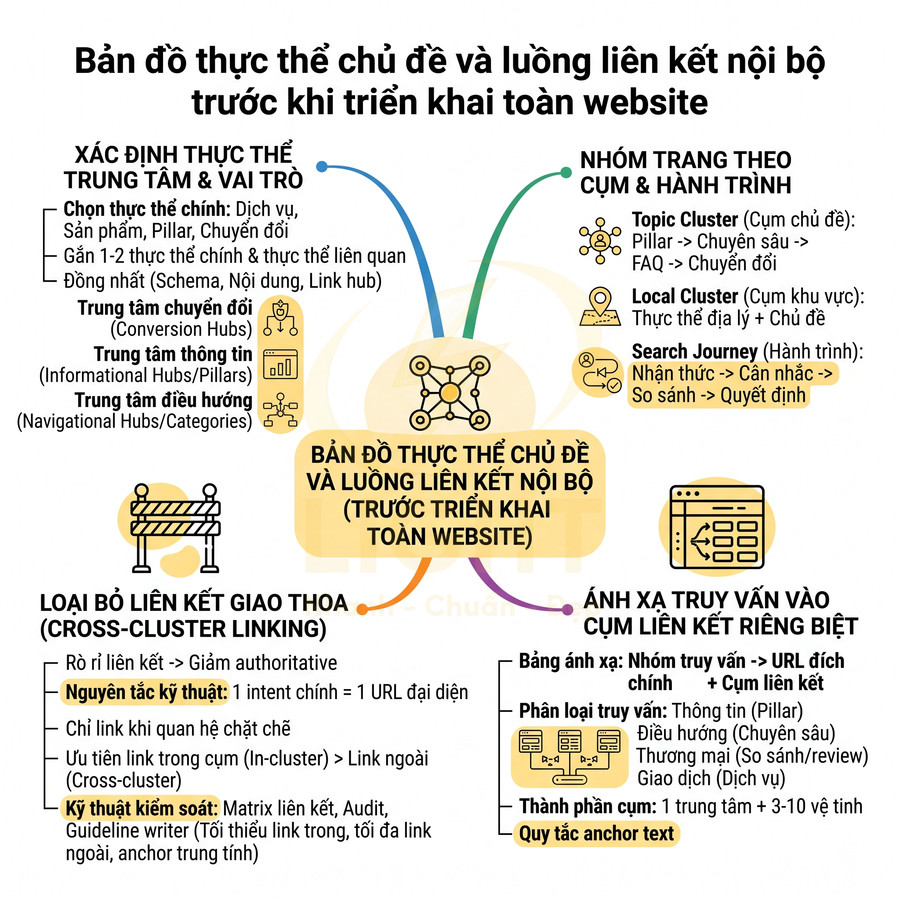 Bản đồ thực thể chủ đề và luồng liên kết nội bộ website với hướng dẫn nhóm trang, loại bỏ liên kết giao thoa và ánh xạ truy vấn
