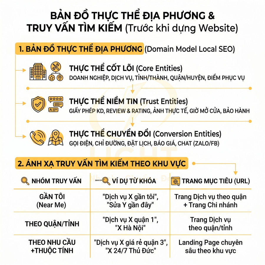 Infographic bản đồ thực thể địa phương và truy vấn tìm kiếm trong Local SEO, nhóm thực thể cốt lõi, niềm tin, chuyển đổi