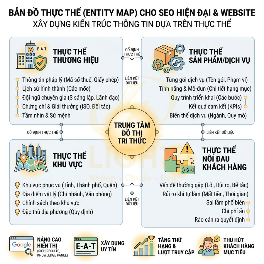 Bản đồ thực thể entity map cho SEO hiện đại và website với trung tâm đô thị tri thức