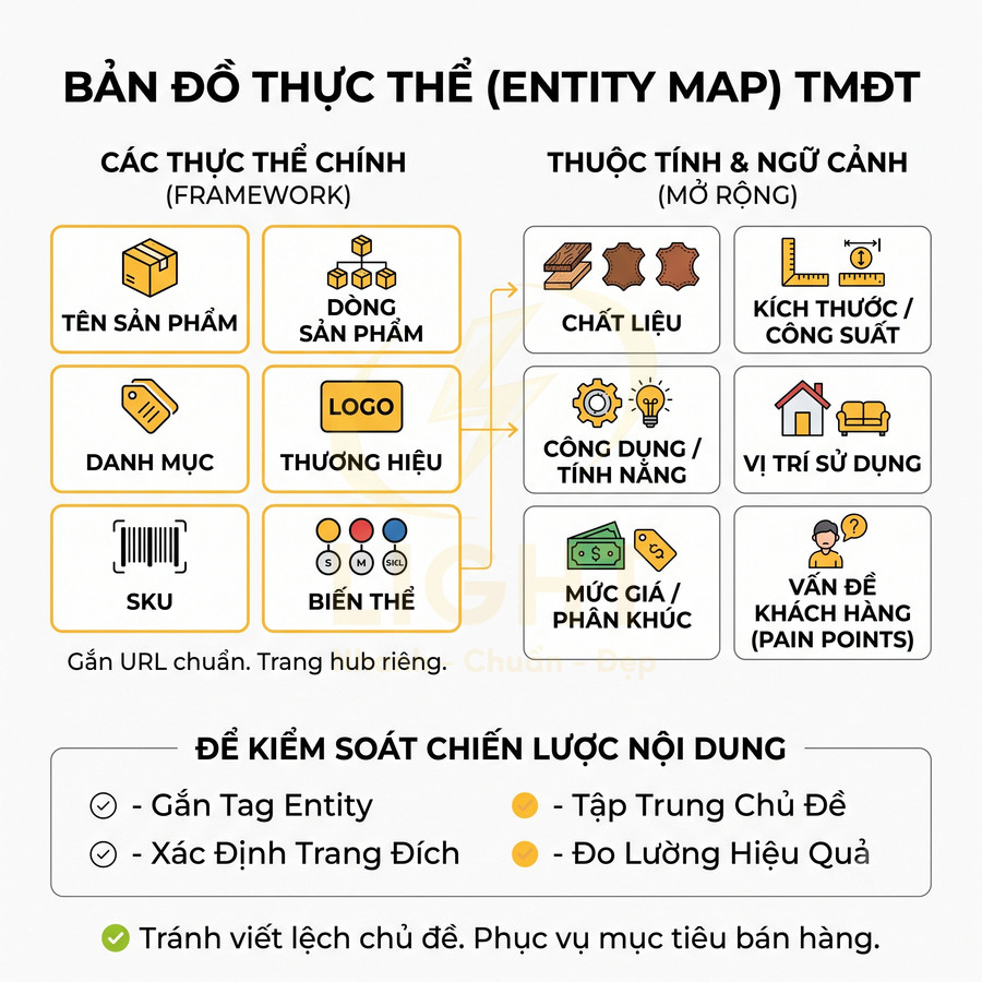 Bản đồ thực thể Entity Map cho sản phẩm TMĐT với các thực thể chính và thuộc tính mở rộng