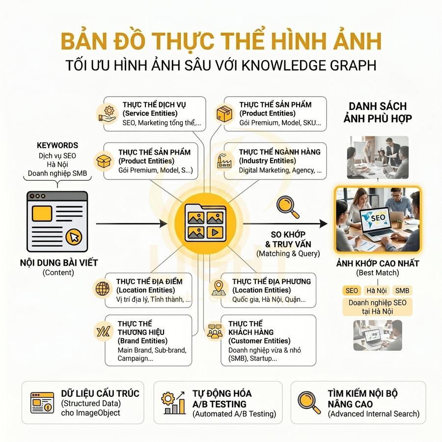 Infographic bản đồ thực thể hình ảnh tối ưu SEO với knowledge graph và quy trình chọn ảnh phù hợp nội dung