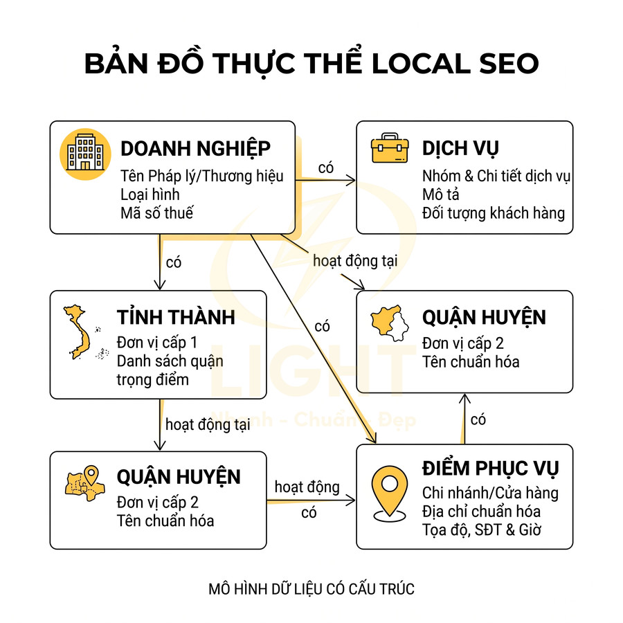 Sơ đồ mô hình dữ liệu Local SEO thể hiện mối quan hệ doanh nghiệp dịch vụ tỉnh thành quận huyện điểm phục vụ