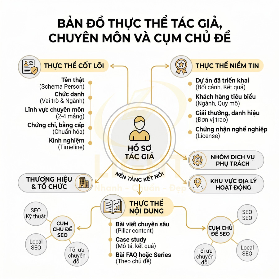 Bản đồ thực thể tác giả chuyên môn và cụm chủ đề SEO với hồ sơ tác giả và các yếu tố uy tín