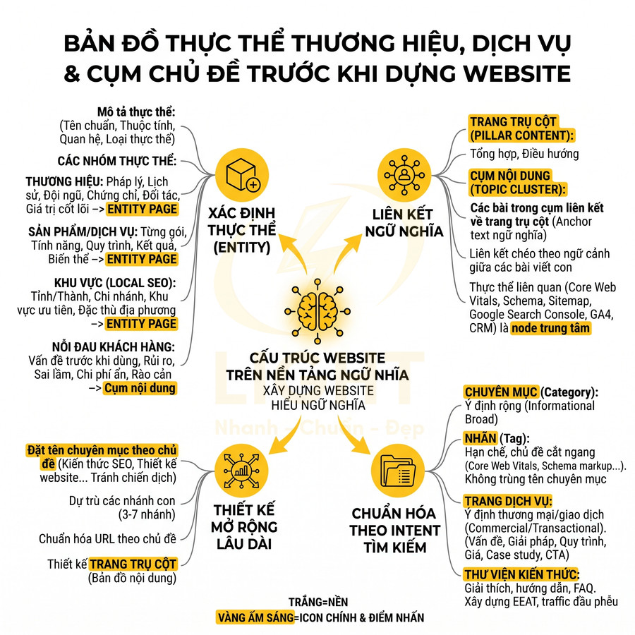 Sơ đồ cấu trúc website theo thực thể thương hiệu và cụm chủ đề để tối ưu SEO ngữ nghĩa