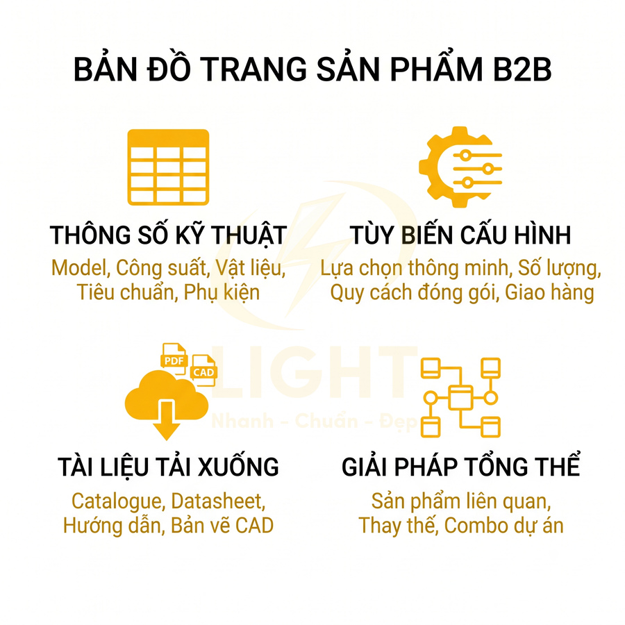 Bản đồ trang sản phẩm B2B với thông số kỹ thuật, tùy biến cấu hình, tài liệu tải xuống và giải pháp tổng thể