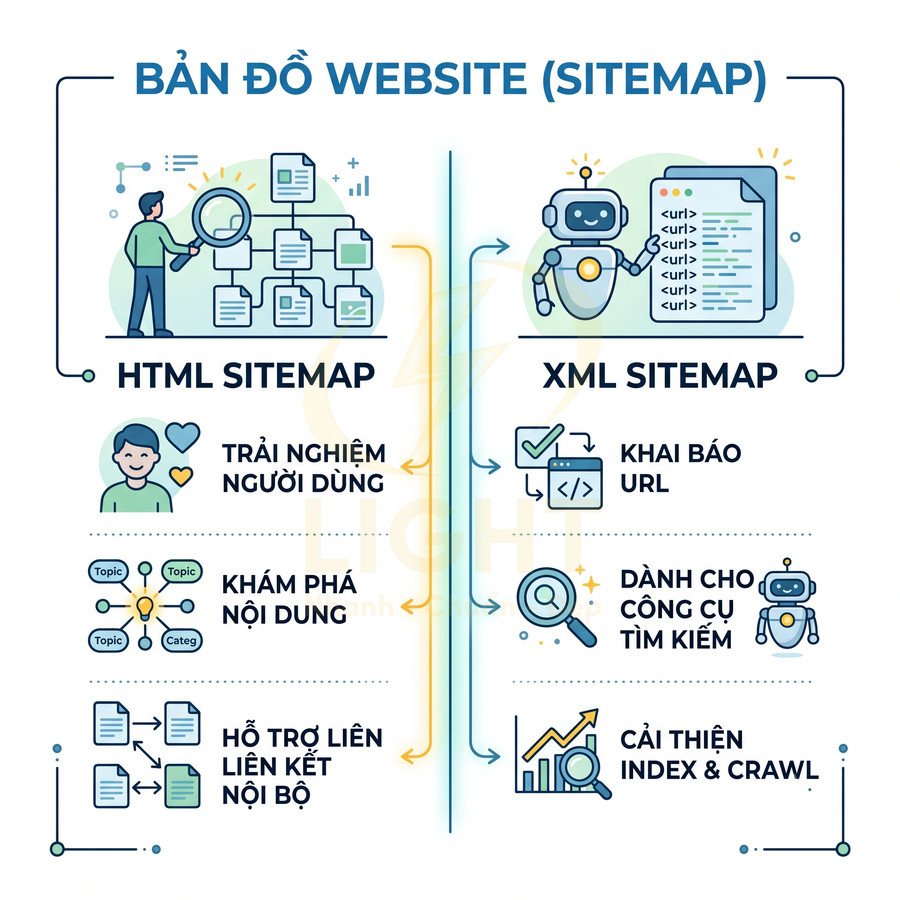 Infographic so sánh HTML sitemap và XML sitemap, nêu lợi ích cho trải nghiệm người dùng và công cụ tìm kiếm