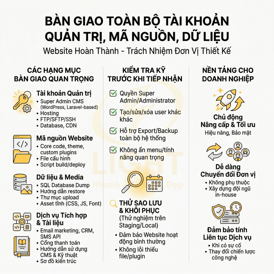 Infographic bàn giao toàn bộ tài khoản quản trị, mã nguồn, dữ liệu website và lợi ích cho doanh nghiệp