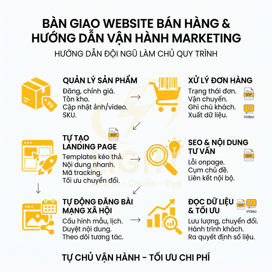 Nội dung giới thiệu dịch vụ bàn giao website bán hàng và hướng dẫn vận hành marketing, quản lý sản phẩm và tối ưu chi phí
