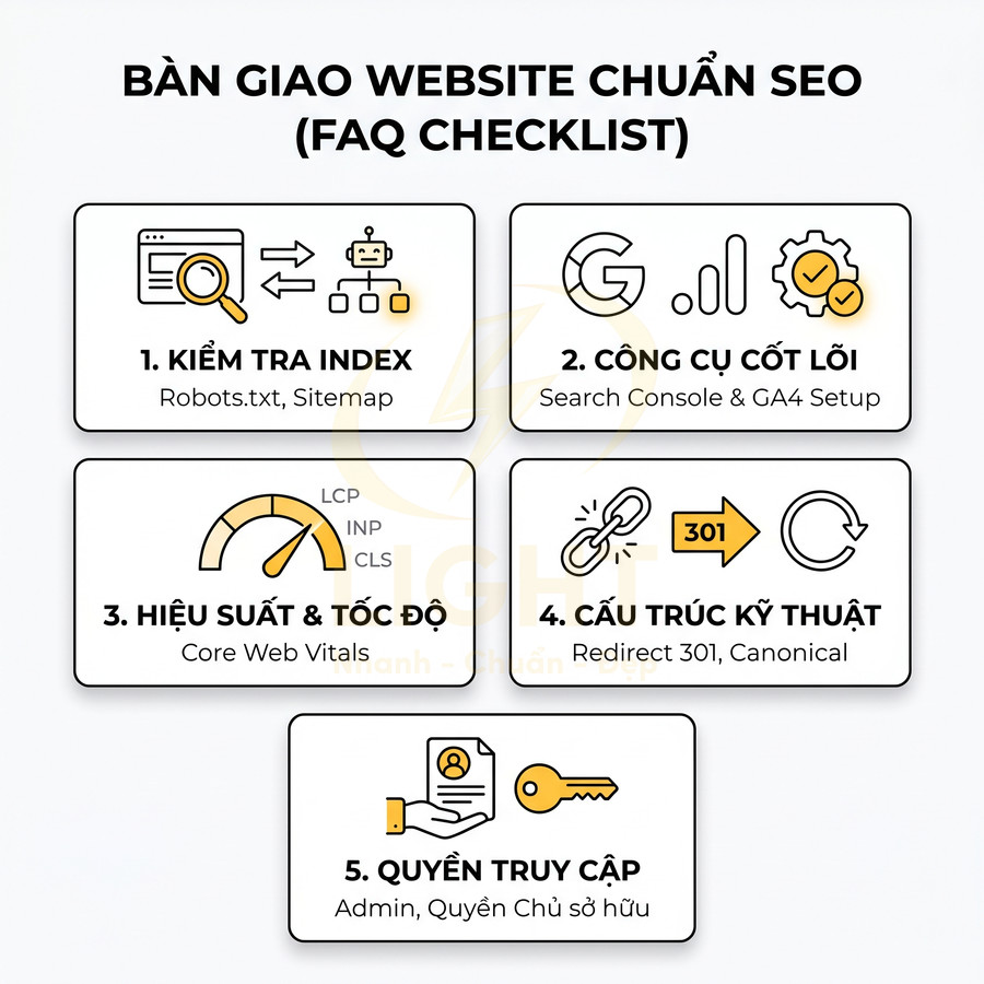 Checklist bàn giao website chuẩn SEO với 5 bước về index, công cụ, tốc độ, cấu trúc kỹ thuật và quyền truy cập