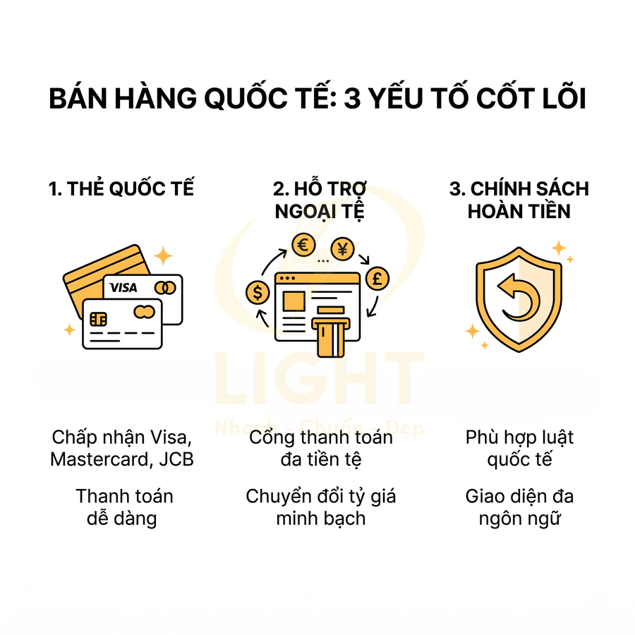 Minh họa 3 yếu tố cốt lõi bán hàng quốc tế: thẻ Visa Mastercard, hỗ trợ ngoại tệ và chính sách hoàn tiền