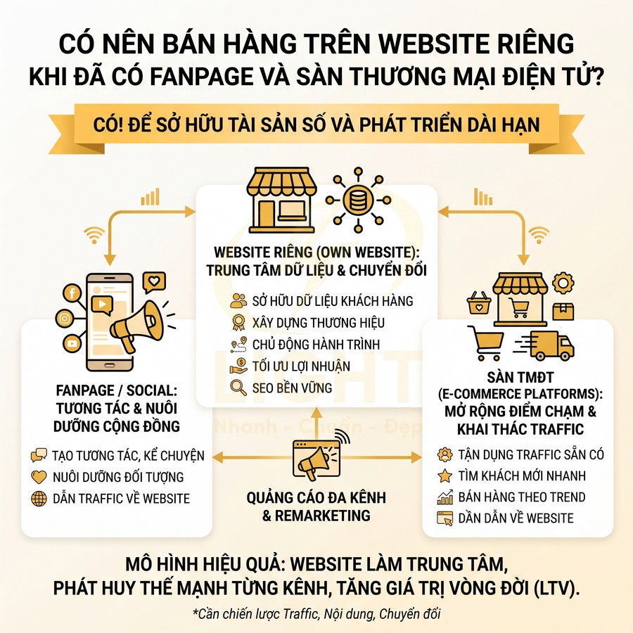 Infographic mô hình bán hàng kết hợp website riêng, fanpage mạng xã hội và sàn thương mại điện tử