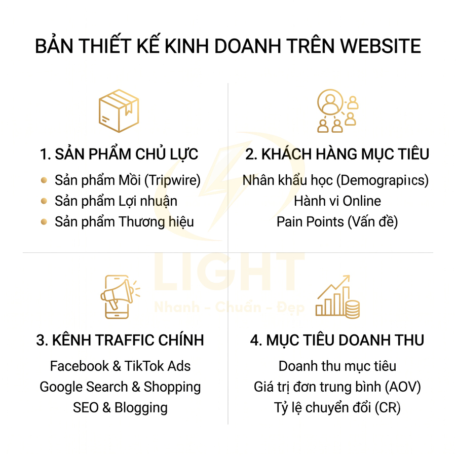 Bản thiết kế kinh doanh trên website với 4 phần sản phẩm chủ lực, khách hàng mục tiêu, kênh traffic chính, mục tiêu doanh thu