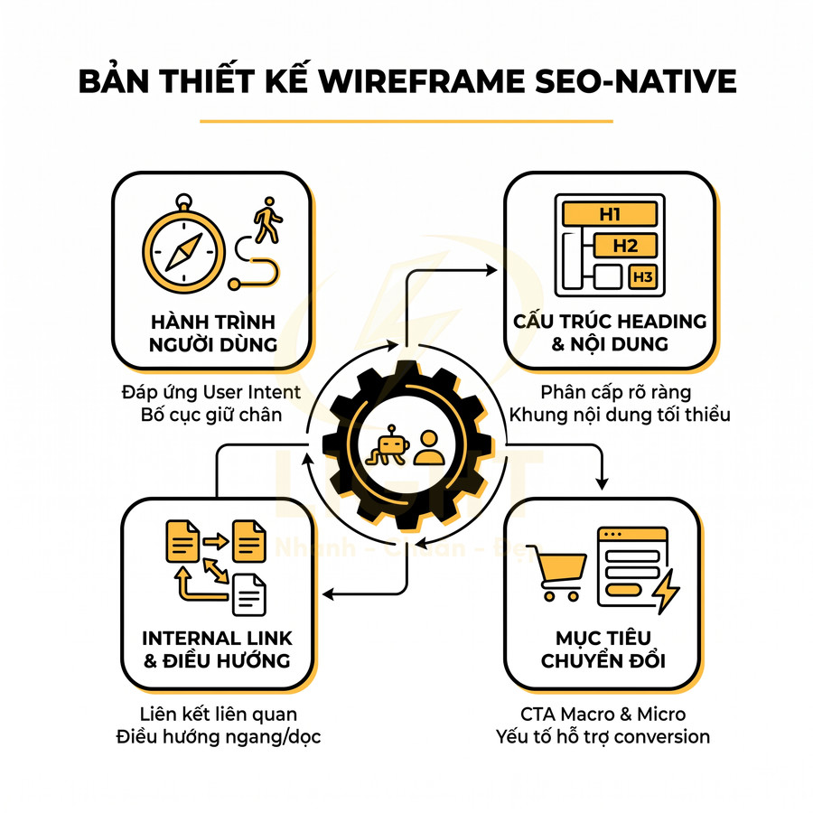 Sơ đồ wireframe SEO native với hành trình người dùng, heading nội dung, internal link và mục tiêu chuyển đổi