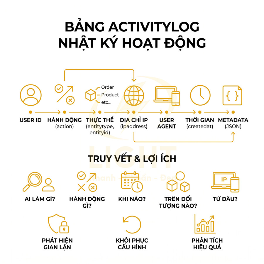 Sơ đồ bảng ActivityLog nhật ký hoạt động với các trường user ID, hành động, IP, user agent, thời gian và lợi ích truy vết