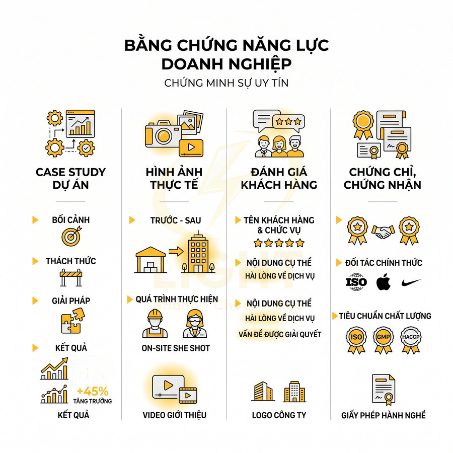 Infographic bằng chứng năng lực doanh nghiệp với case study dự án, hình ảnh thực tế, đánh giá khách hàng và chứng chỉ