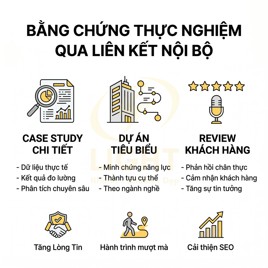 Infographic lợi ích liên kết nội bộ SEO với case study, dự án tiêu biểu, review khách hàng và tăng lòng tin