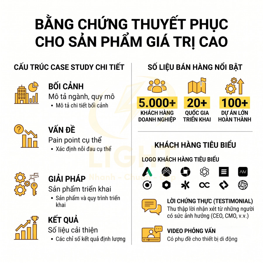 Infographic hướng dẫn xây dựng case study và bằng chứng thuyết phục cho sản phẩm giá trị cao trong marketing