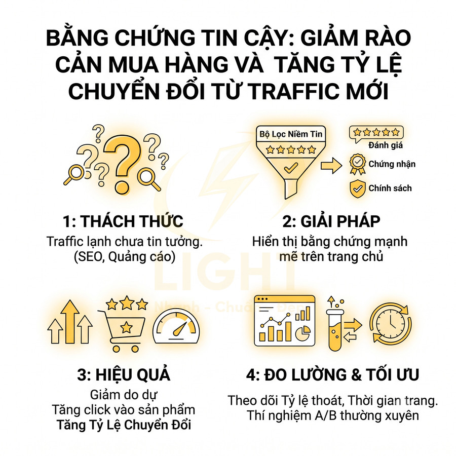 Infographic quy trình dùng bằng chứng tin cậy để tăng tỷ lệ chuyển đổi traffic mới trên website bán hàng