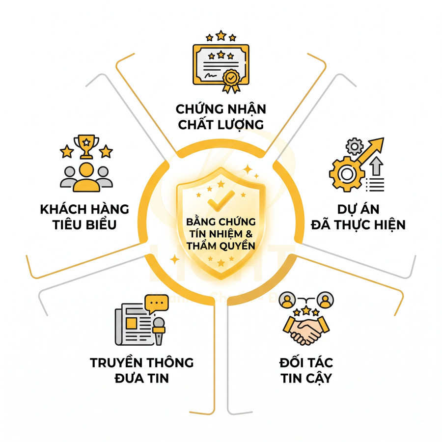 Bảng chứng tín nhiệm và thẩm quyền với chứng nhận chất lượng, khách hàng tiêu biểu, dự án, truyền thông và đối tác tin cậy