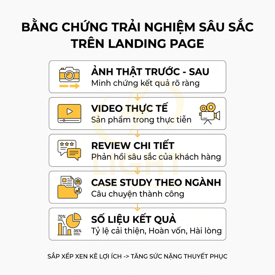 Checklist bằng chứng trải nghiệm sản phẩm trên landing page gồm ảnh thật, video, review, case study và số liệu kết quả