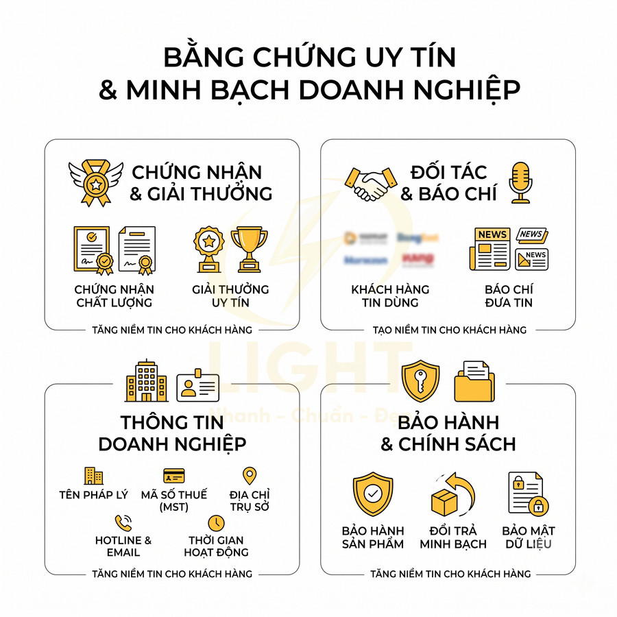 Infographic chứng minh uy tín doanh nghiệp với chứng nhận, đối tác, thông tin công ty và chính sách bảo hành minh bạch
