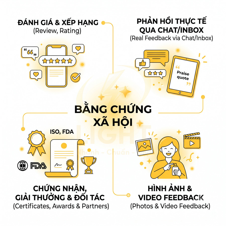 Mô tả các dạng bằng chứng xã hội: đánh giá xếp hạng, phản hồi chat, chứng nhận giải thưởng, hình ảnh và video feedback