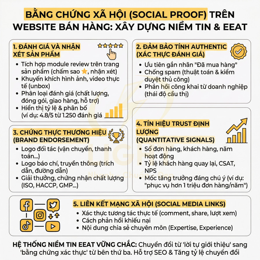Infographic hướng dẫn xây dựng bằng chứng xã hội social proof và niềm tin EEAT cho website bán hàng
