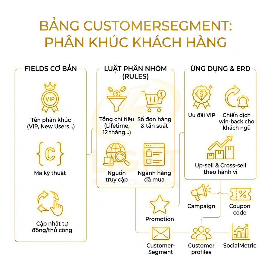 Sơ đồ bảng CustomerSegment phân khúc khách hàng với fields cơ bản, luật phân nhóm và ứng dụng marketing