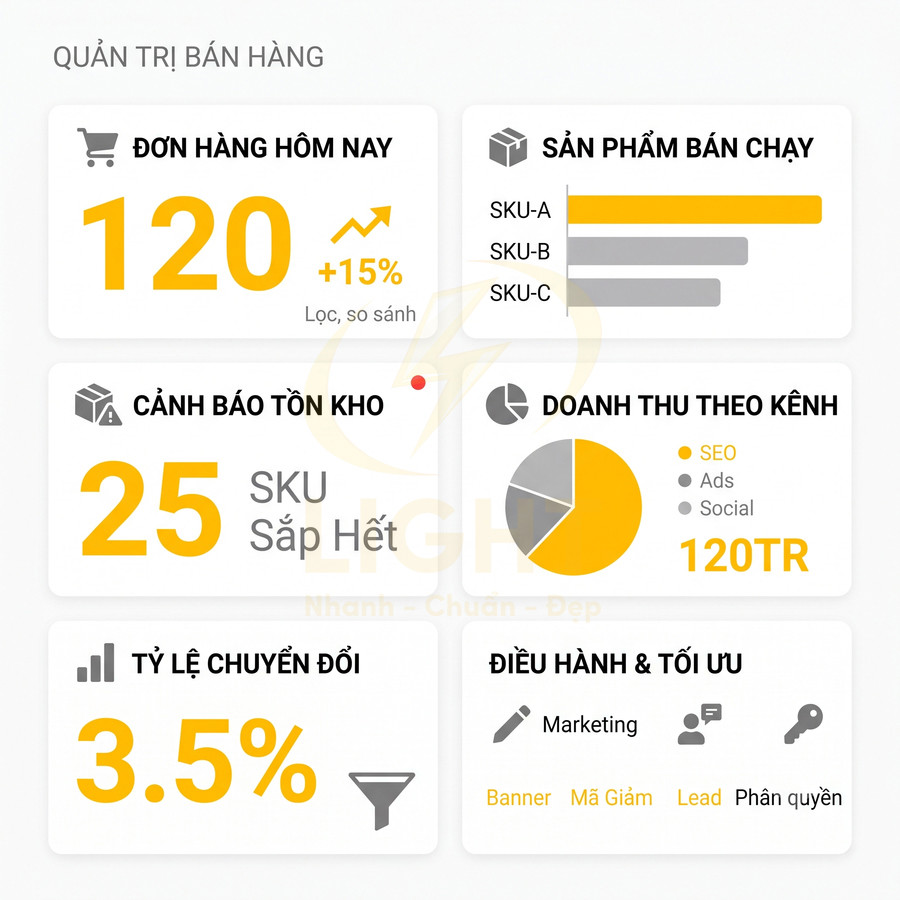Giao diện dashboard quản trị bán hàng hiển thị đơn hàng, tồn kho, sản phẩm bán chạy và doanh thu theo kênh