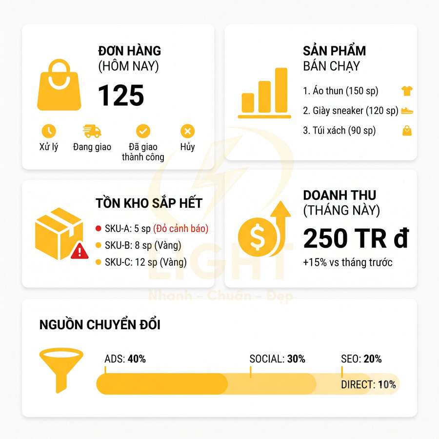 Bảng dashboard bán hàng hiển thị đơn hàng hôm nay, sản phẩm bán chạy, tồn kho sắp hết và doanh thu tháng này