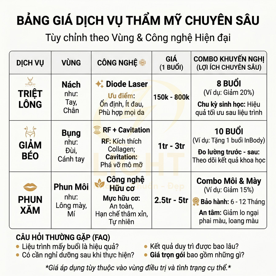Bảng giá dịch vụ thẩm mỹ chuyên sâu triệt lông, giảm béo, phun xăm với công nghệ hiện đại và combo khuyến mãi